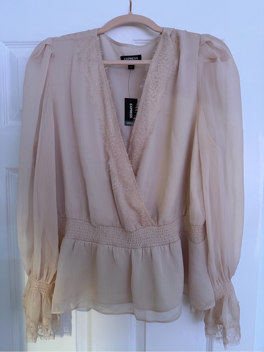 Express Women's Beige Lace-Trim Peplum Blouse